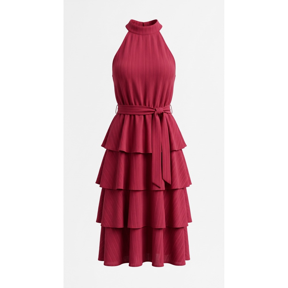Shein Womens Red Halter Neck Tiered Ruffle Midi Dress Sleeveless Belted XS